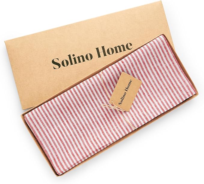 Solino Home Linen Table Runner 120 Inches Long - Narrow Stripe, 100% Pure Linen Red and White Table Runner 14 x 120 Inch for Dining, Valentines, Winter, Spring, Easter