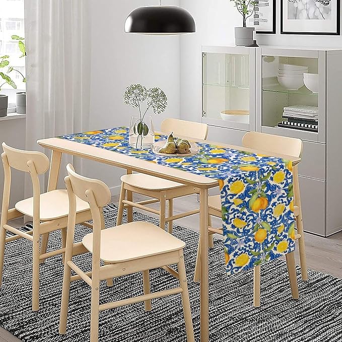 Rustic Lemon Table Runner,Vintage Morocco Blue Mediterranean Spring Summer Fruit Print Table Runner for Farmhouse Kitchen Dining Table Home Party Decor 13x36in