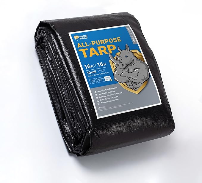 GUARD SHIELD Tarps Heavy Duty Waterproof 16x16 Feet Black Poly Tarp Cover Square Outdoor Thick UV Resistant Tarpaulin with Grommets 10mil