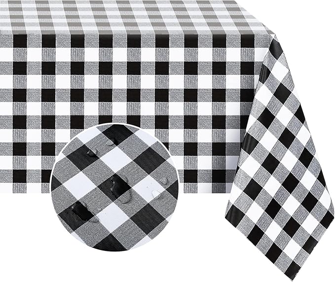 Romanstile Rectangle Vinyl Tablecloth, 100% Waterproof Buffalo Gingham Plastic Table Cloth, Heavy Duty Wipeable Checkered Table Covers for Outdoor, Camping, Picnic, Patio - 60 x 102, Black and White