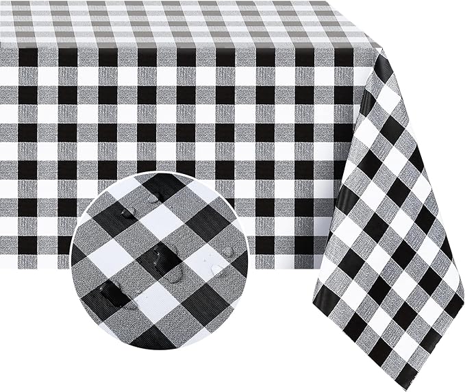 Romanstile Rectangle Vinyl Tablecloth, 100% Waterproof Buffalo Gingham Plastic Table Cloth, Heavy Duty Wipeable Checkered Table Covers for Outdoor, Camping, Picnic, Patio - 54 x 120, Black and White