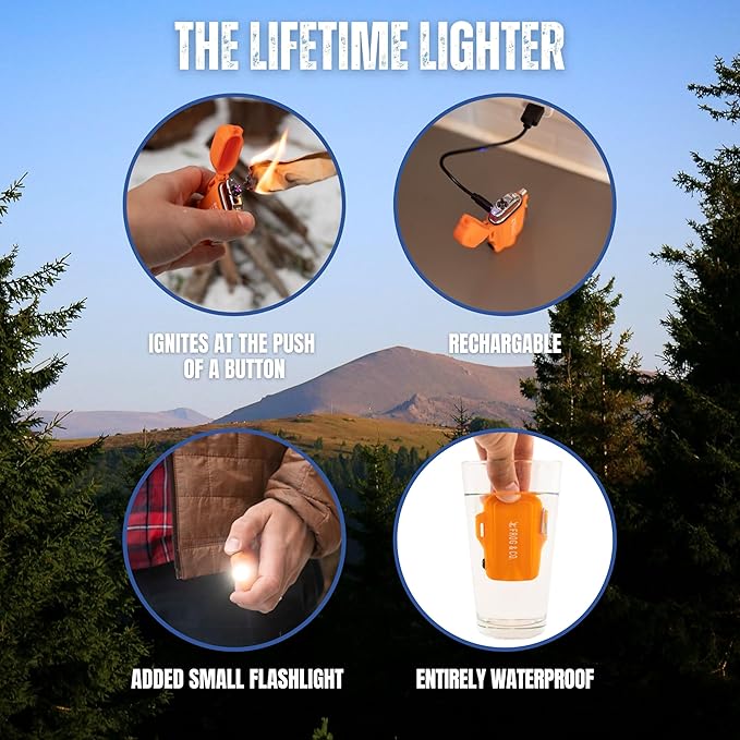 – 50 Pack All-Natural Fire Starters for Campfires, Fire Pits, BBQs & Fireplaces – Long Burning, Weather-Resistant, Non-Toxic + Survival Frog Rechargeable Lighter Kit
