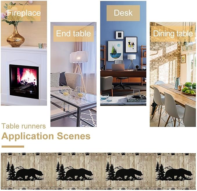 Bear Table Runner, Wild Animals Rustic Cabin Forest Bear Print Wooden Board Table Runner for Dining Kitchen Home 13x120in