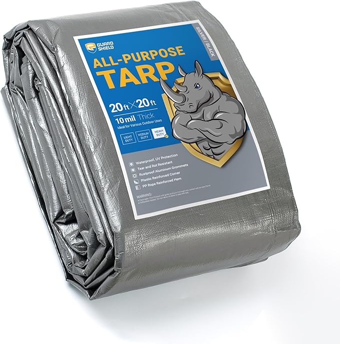 GUARD SHIELD Heavy Duty Tarp 20x20 Feet Silver/Black Multi Purpose Thick Waterproof Poly Tarp Cover 10mil
