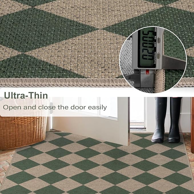 Easy Jute Checkered Runner Rug, 2x6 Green Modern Washable Rugs Runner for Hallway Non-Slip Long Kitchen Rug, Geometric Diamond Indoor Outdoor Carpet for Porch Laundry Entryway