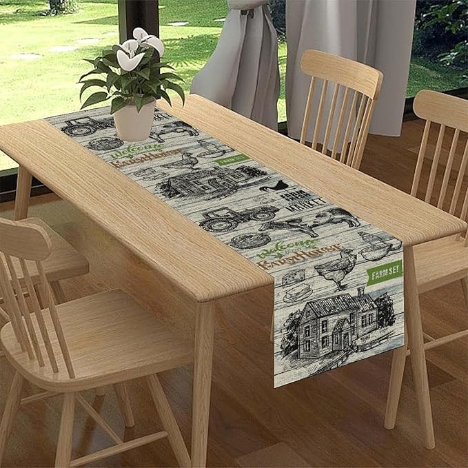Farmhouse Cow Table Runner, Retro Rustic Country Barn Cottage Rooster Cow Animal Plank Coffee Table Center Decor for Home Kitchen Dining Patio Holiday Party Indoor Outdoor Table Decorations 13"x108"