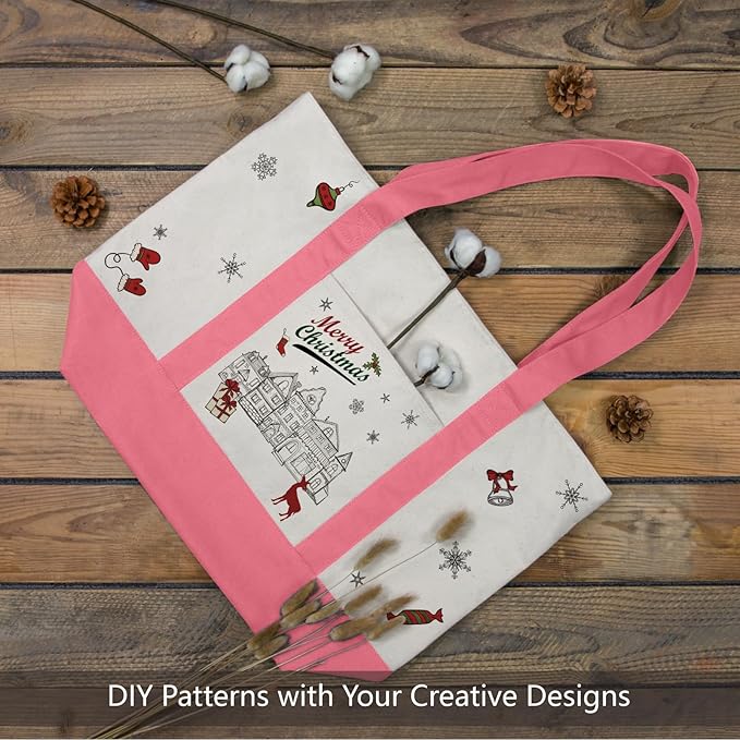 TOPDesign 6-Pack Canvas Tote Bags with an External Pocket, Reusable Grocery Shopping Bags, Top Zipper Closure, Daily Essentials (Rose Pink/Natural)