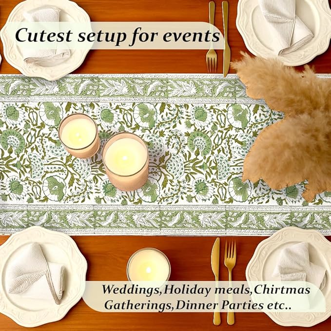 CPC Cotton Table Runner 16x106 inch Block Printed Long Fall Table Runner for Dining Table, Card Table, Coffee Table, Wedding, Farmhouse & Outdoor Barbeque-Agate Green