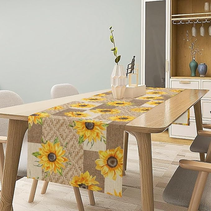 Farmhouse Sunflower Table Runner, Rustic Vintage Linen Patchwork Summer Yellow Floral Table Cover for Bithday Party Home Kitchen Dining Room Decor, 13x108inch
