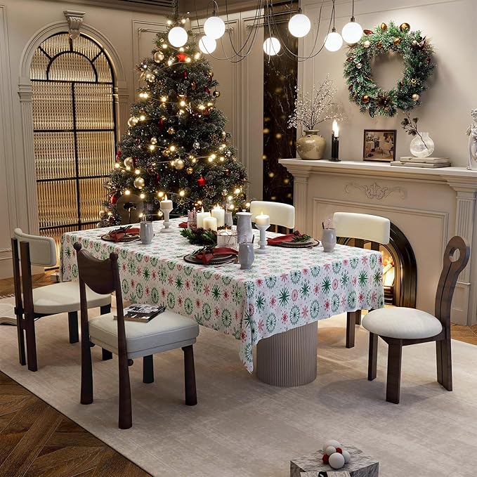 Christmas Tablecloth with Snowflake, Spillproof Waterproof Fabric Table Cloth for Dining, Parties, Holiday, Winter Table Decorations - 60''x84''
