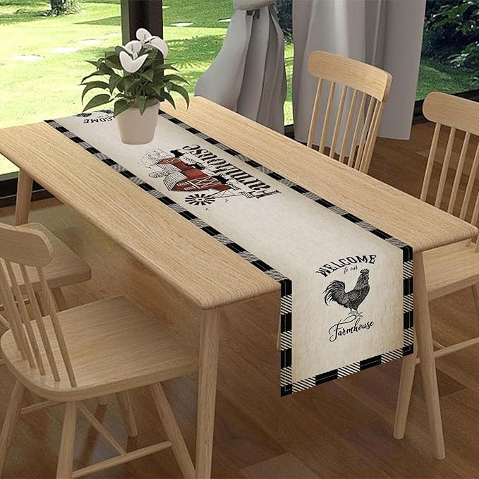 Farm Animals Table Runner, Rustic Farmhouse Cow Pig Rooster Watercolor Coffee Table Center Decor for Home Kitchen Dining Patio Holiday Party Indoor Outdoor Table Decorations, 13"x36" Inch