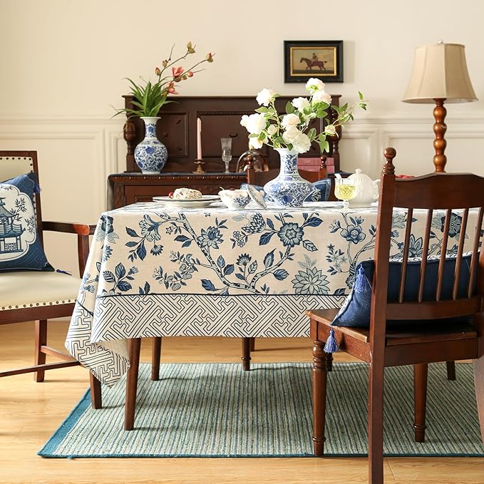 Vintage Blue and White Extra Long Rectangle Tablecloth,French Linen Floral Wrinkle Free Tablecloths,Decor Table Cover for Kitchen,Dining,Party,Thanksgiving,Christmas,63"*110"-Suqing