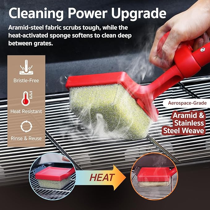 GASPRO Replaceable Cleaning Head for Steam Grill Brush, Bristle Free BBQ Grill Cleaning Pads with Heat-Activated Sponge, Safe for Most Grates, Replace & Reuse, Red