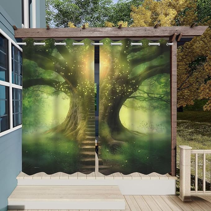 Fantasy Theme Waterproof Outdoor Curtains for Patio,Forest Pattern,Grommet Curtain for Bedroom, Porch, Living Room, Pergola, Cabana,2 Panels,W54 x L84,Green
