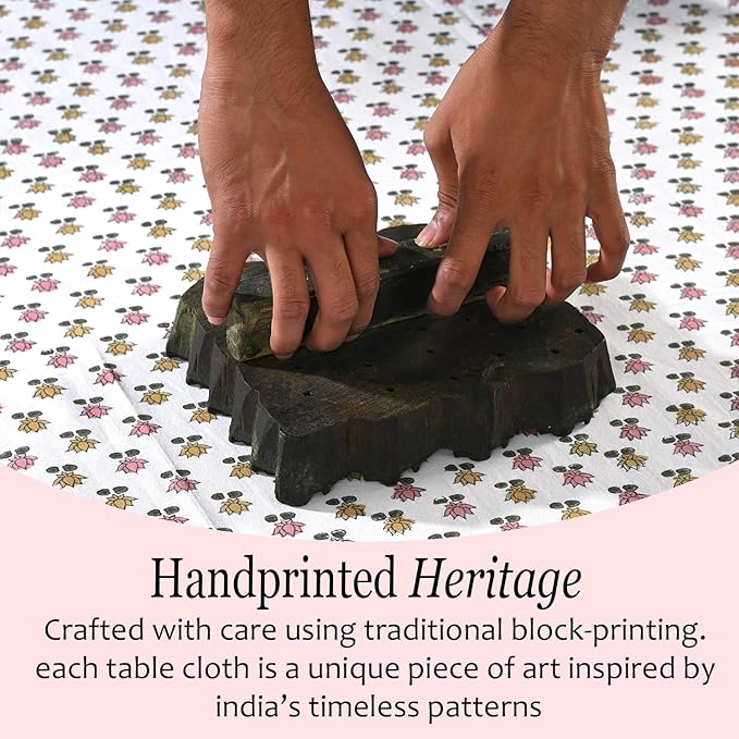 CPC Rosette Bloom Tablecloth 100% Cotton 70x108 Inch Indian Block Print Rectangle Table Cover, Table Cloth for Gifting in Weddings, Halloween, Fall, Christmas, Thanksgiving