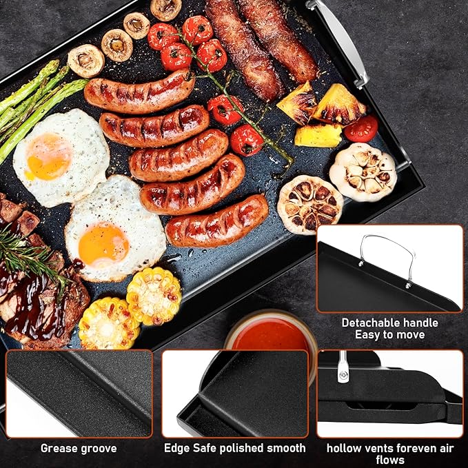 Uniflasy Nonstick Griddle for Gas Grill, Cast Iron Griddle for Outdoor Gas & Charcoal Grills, 25" x16" Nonstick Coating FlatTop Insert Cooking Pan for Weber Charbroil Camp Chef Grill
