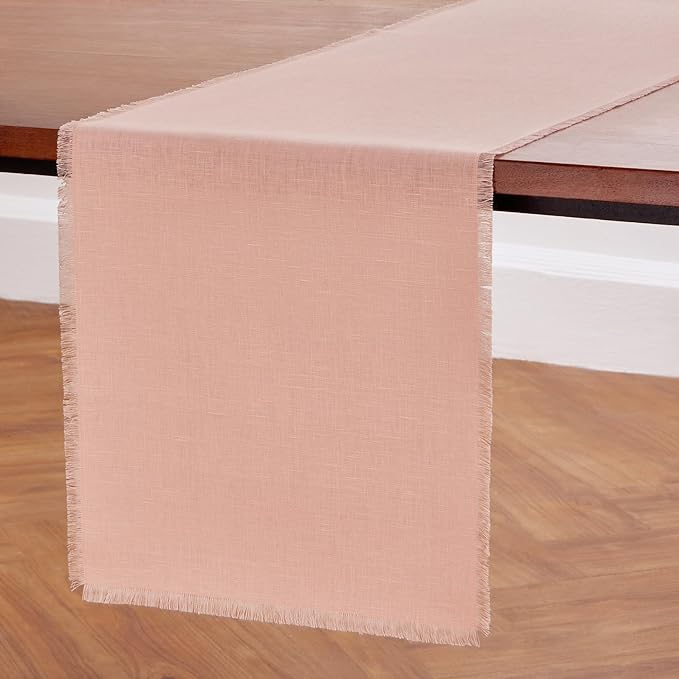 Solino Home Misty Pink Linen Table Runner 60 Inches - Fringe, 100% Pure Linen Coffee Table Runner 14 x 60 Inch for Valentines, Spring, Easter