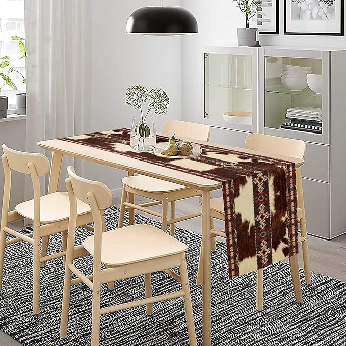 Cowhide Table Runner, Brown Cow Western Exotic Aztec Wild Animals Skin Table Runner for Kitchen Farmhouse Dining Home Outdoor Party 13x90in