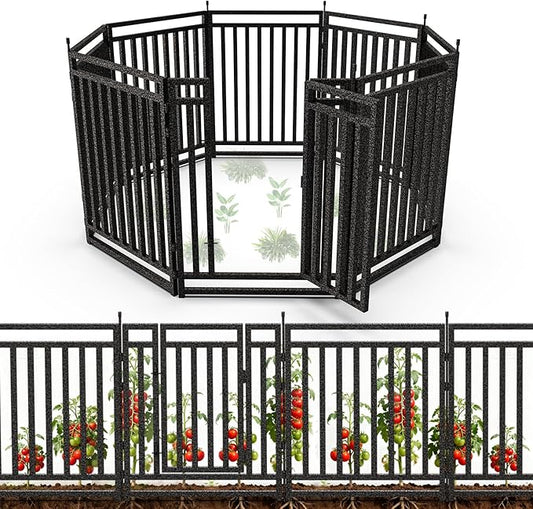 Garden Fence 32in (H) x 18ft (L), 7 Panels + 1 Gate, Durable Outdoor Yard Barrier, Secure Garden Fencing Weather-Resistant Fence Ideal for Pets, Privacy & Decoration, Black Silver