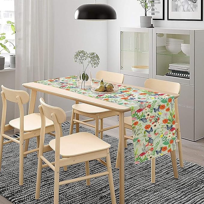 Butterfly Table Runner, Colorful Wildflower Butterfly Spring Table Runner for Holiday Kitchen Dining Home Party Outdoor 13x70in