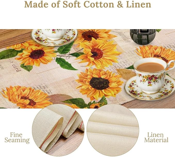 Sunflower Table Runner, Rustic Old Paper Seasonal Table Runner Farmhouse Kitchen Home Party Dining Room 13x60in