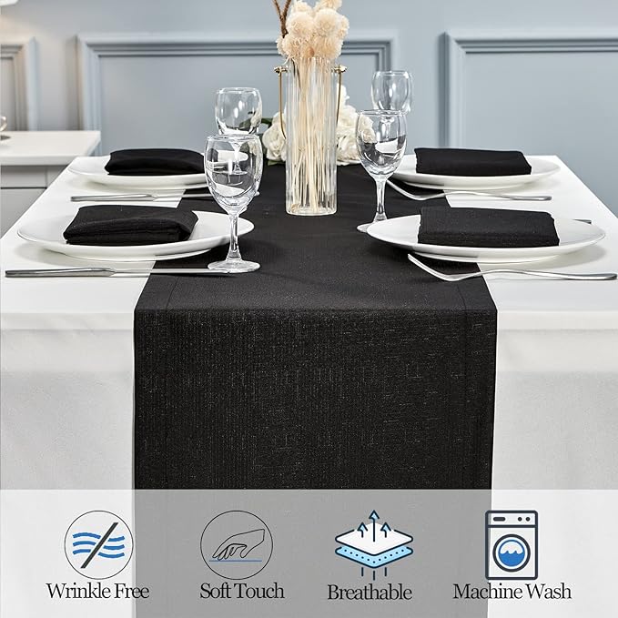 Mebakuk Linen Farmhouse Table Runner Large Burlap Style Soft and Waterproof Decorative Fabric Runner for Outdoor Wedding and Dinner (14 x 120 Inch, Black)