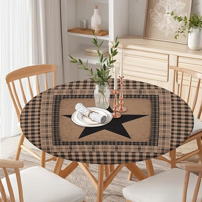 Western Texas Star Round Fitted Tablecloth with Elastic Vintage Black Brown Plaid Circle Table Cover for 48-52" Round Tables Stretch Waterproof Rustic Country Table Cloth for Kitchen Dining Patio