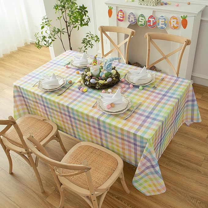 Gingham Easter Tablecloth Fabric - Colorful Oblong 58x120 Water Resistant Farmhouse Plaid Table Cloth for Indoor/Outdoor Use - Easter Gifts Perfect for Birthday, Picnics, Gardens