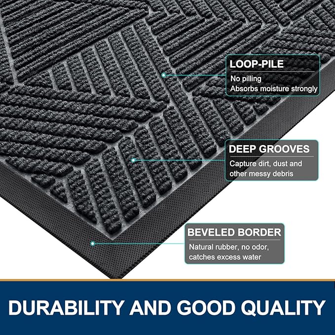 Smiry Front Door Mat Outside Entrance, Heavy Duty Sturdy Natural Rubber Doormat, Trap Dirt and Moisture, Easy Clean Low Profile Mats for Indoor Outdoor Entry, Irregular Triangle (71x47, Grey)