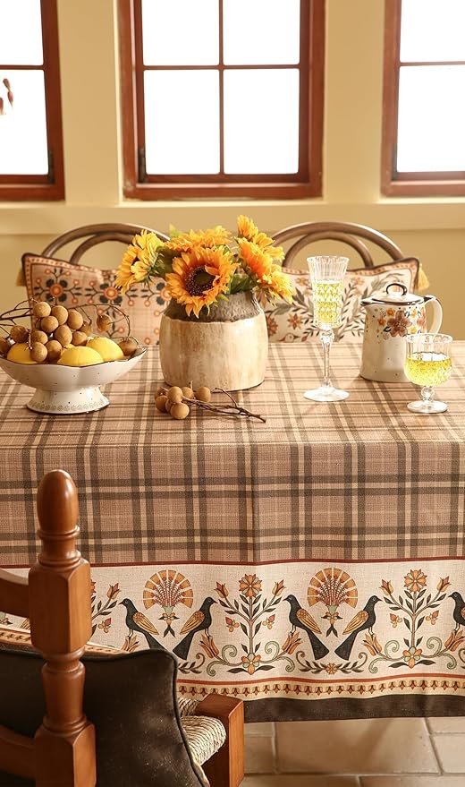 Vintage Brown Checkered Long Rectangle Tablecloth,Italian Floral Linen Wrinkle Resistant Table Cloth,Decor Table Cover for Kitchen,Dining,Thanksgiving,Christmas,63"*102"-Seville