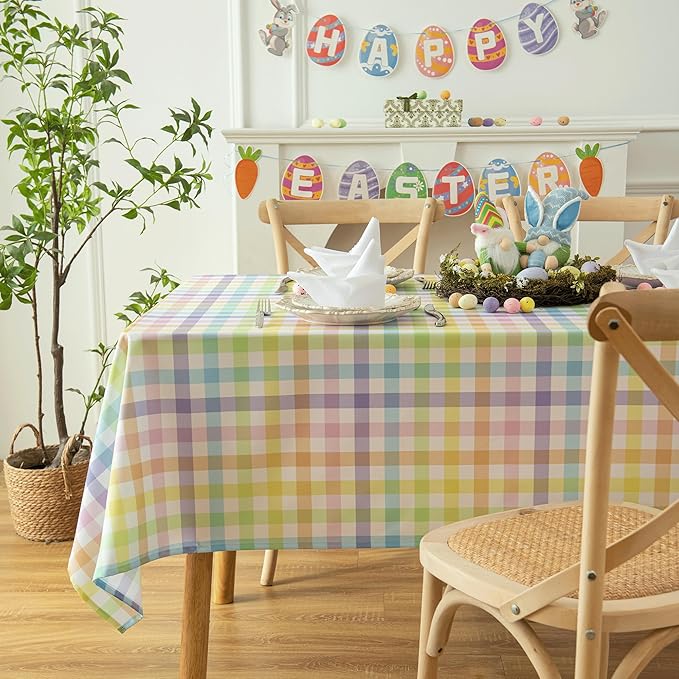 Gingham Easter Tablecloth Fabric - Colorful Oblong 58x120 Water Resistant Farmhouse Plaid Table Cloth for Indoor/Outdoor Use - Easter Gifts Perfect for Birthday, Picnics, Gardens
