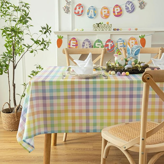 Gingham Easter Tablecloth Fabric - Colorful Oblong 58x120 Water Resistant Farmhouse Plaid Table Cloth for Indoor/Outdoor Use - Easter Gifts Perfect for Birthday, Picnics, Gardens