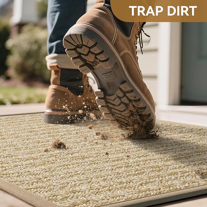 Front Door Mat 17"x30", Heavy Duty Waterproof Dirt Trapping Non-Slip Doormats, Low Profile Entrance Mats for Front Indoor/Outdoor, Brown