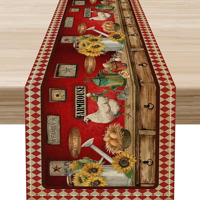Rooster Table Runner, Rustic Farmhouse Country Cottage Farm Animal Sunflower Retro Checked Table Runner Seasonal Holiday Home Kitchen Dining Table for Home Party Decor 13"x108"