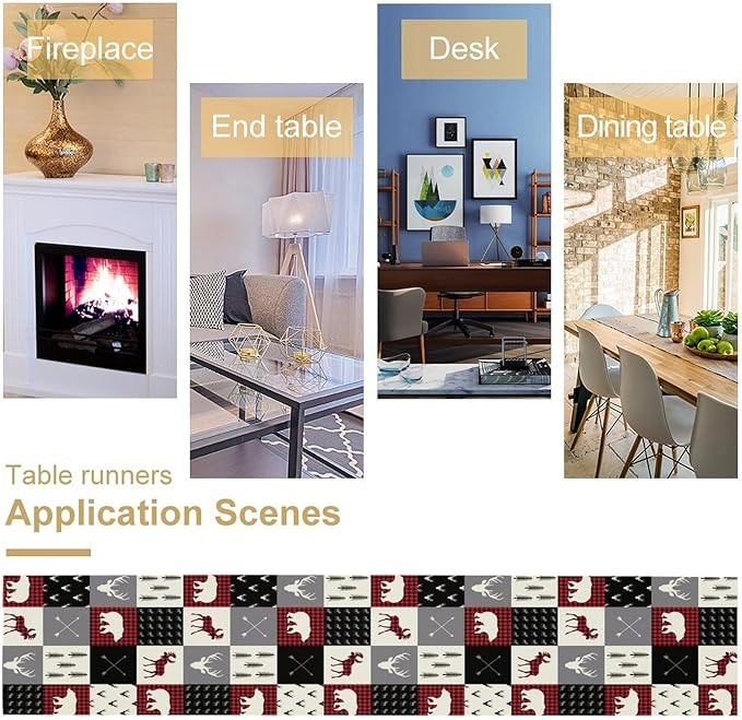 Farmhouse Bear Deer Table Runner, Retro Rustic Village Buffalo Plaid Table Runner for Coffee Table Dining Room Table Bedroom Party Holiday 13x108in