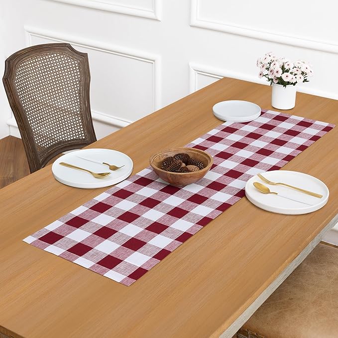 Solino Home Checkered Table Runner 36 Inches - 100% Pure Linen Burgundy and White Buffalo Check Table Runner 14 x 36 Inch Ideal for Dresser and Coffee Tables - Valentines