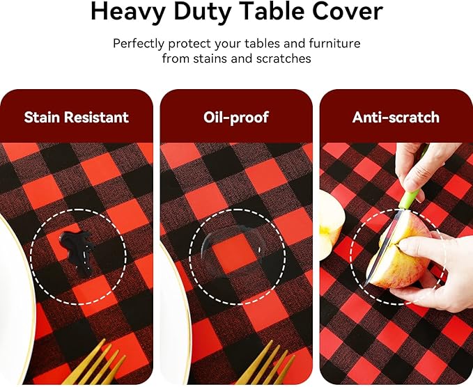 Romanstile Rectangle Vinyl Tablecloth, 100% Waterproof Buffalo Gingham Plastic Table Cloth, Heavy Duty Wipeable Checkered Table Covers for Outdoor, Camping, Picnic, Patio - 52 x 70, Black and Red
