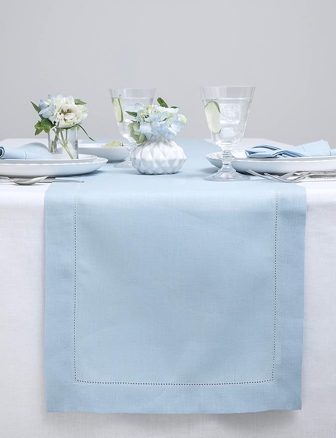 Solino Home Linen Sky Blue Table Runner 144 Inches Long - 100% Pure Linen Extra Long Table Runner 14 x 144 Inch for Spring, Easter - Classic Hemstitch