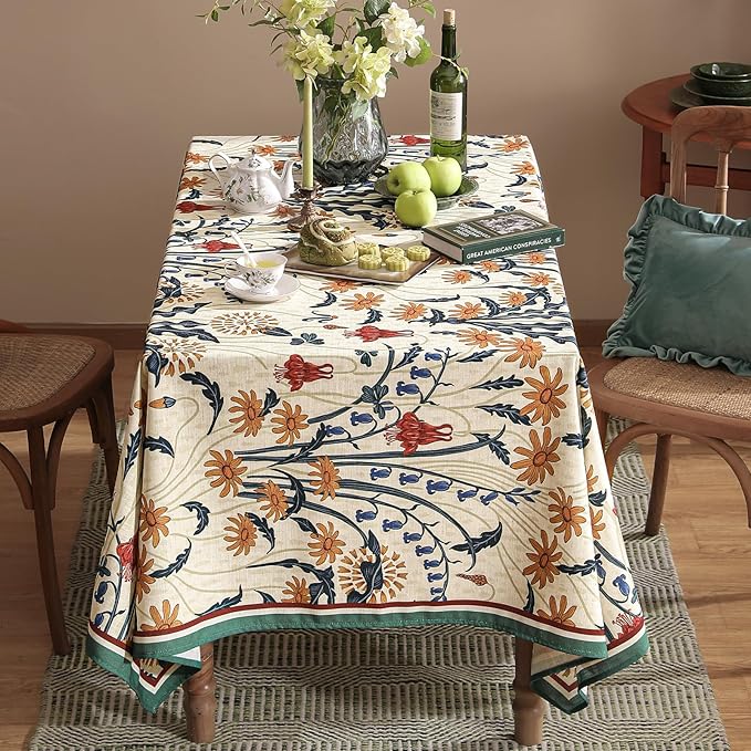 French Vintage Rectangular Tablecloth,Linen Extra Long Tablecloth with Gold and Red Floral Pattern,Decorative Table Cover for Kitchen,Dining,Thanksgiving,Living Room,67" × 118"-Tijuana
