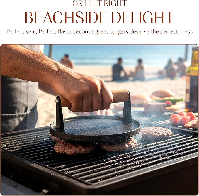 Bellemain Heavy Duty Cast Iron Smash Burger Press 7" Round Grill Press for Cooking Burgers, Bacon, Sandwiches, Steak, BBQ, Ground Beef, Meats, Sausages, and So On