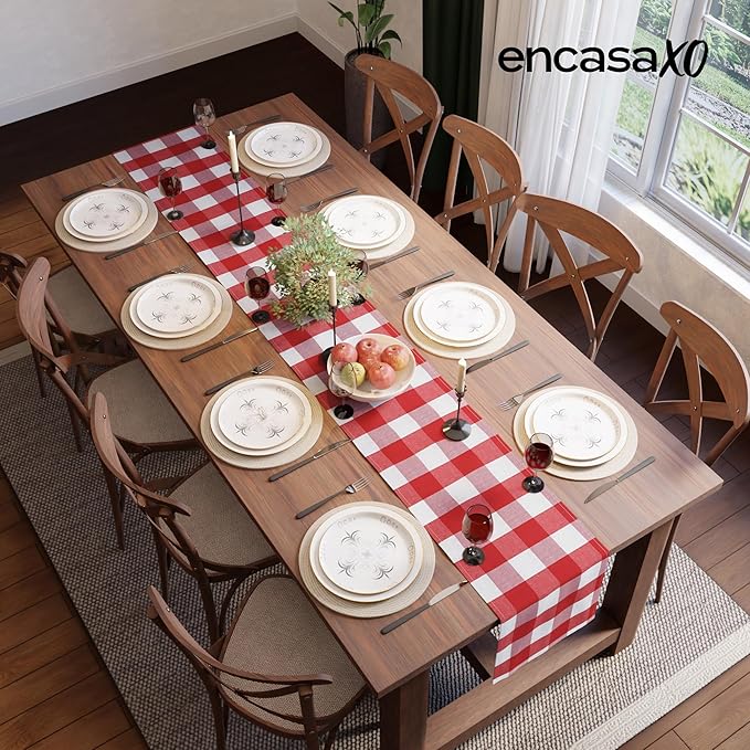 Encasa XO Cotton Dining Table Runner | Buffalo Red Checks | Size 13x72 in - Machine Washable & Durable