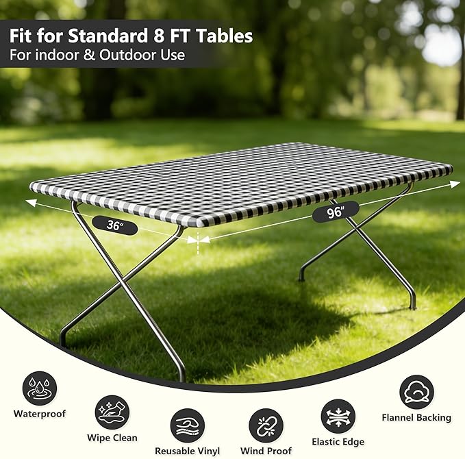 Rectangle Picnic Table Cloth, Elastic Waterproof Fitted Vinyl Tablecloths for 8 Foot Tables, Wipeable Flannel Backed Table Covers for Dining, Camping, Outdoor(Black Plaid,36"x96")