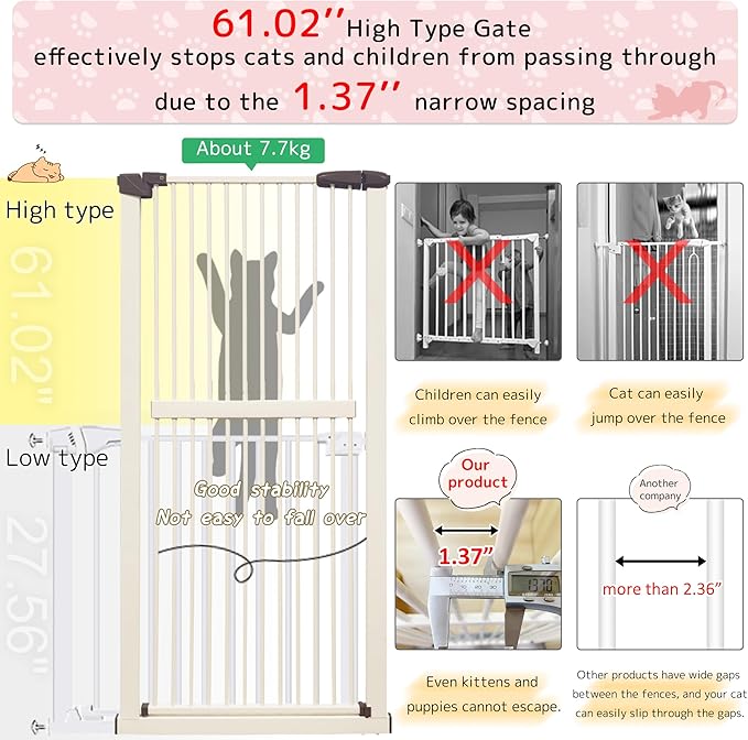Lumizone Extra Tall Cat Gate 61.02" High Pressure Mounted Extra Wide 59.25"-63.38" (17Sizes) 1.37" Gap No Drilling Auto-Close Tall Pet Gate for Dogs (Cream, 59.25"-63.38" W)