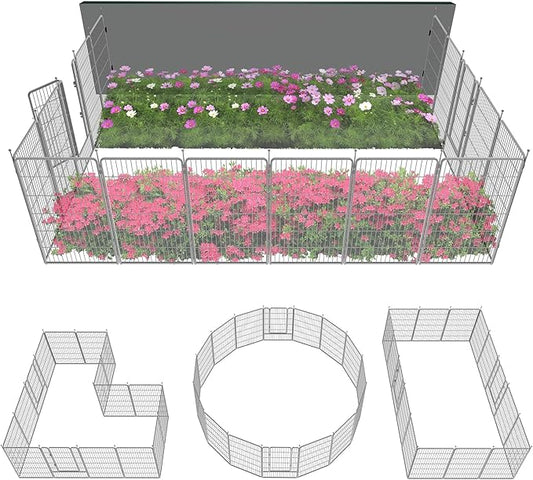 FXW Garden Fence Outdoor for The Yard – 45in(H) x 36.4ft(L) Heavy Duty Metal Animal Barrier for Dog and Rabbit, Decorative Dog Fence, 16 Panels, Silver