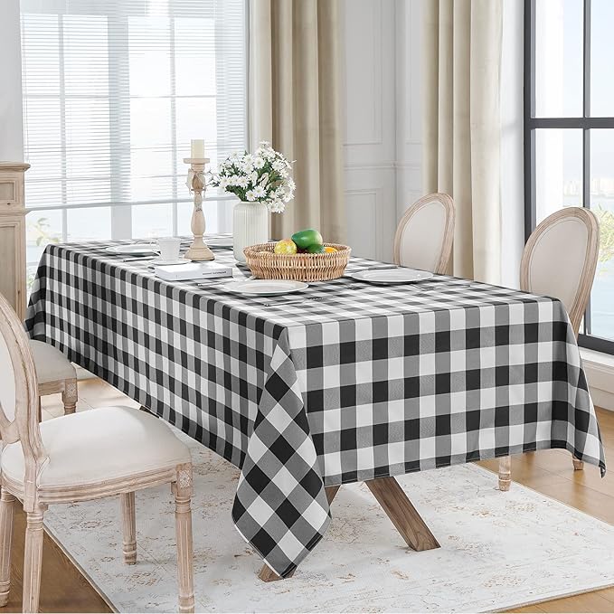 Softalker Gingham Checkered Tablecloth Rectangle - Outdoor Waterproof Buffalo Plaid Table Cloth, Stain Resistant Washable Table Cover for Picnic, Camping, Dining - Black and White, 54 x 120 Inch