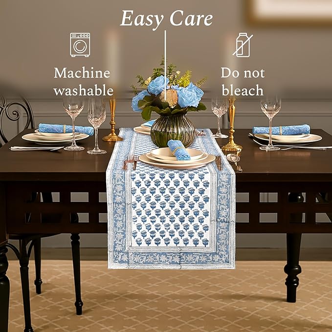 CPC Cotton Table Runner 16x60 Inch Block Printed Long Fall Table Runner for Dining Table, Card Table, Coffee Table, Wedding, Farmhouse & Outdoor Barbeque-Apatite Blue