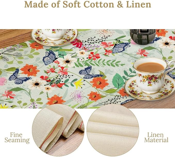 Butterfly Table Runner, Colorful Wildflower Butterfly Spring Table Runner for Holiday Kitchen Dining Home Party Outdoor 13x70in