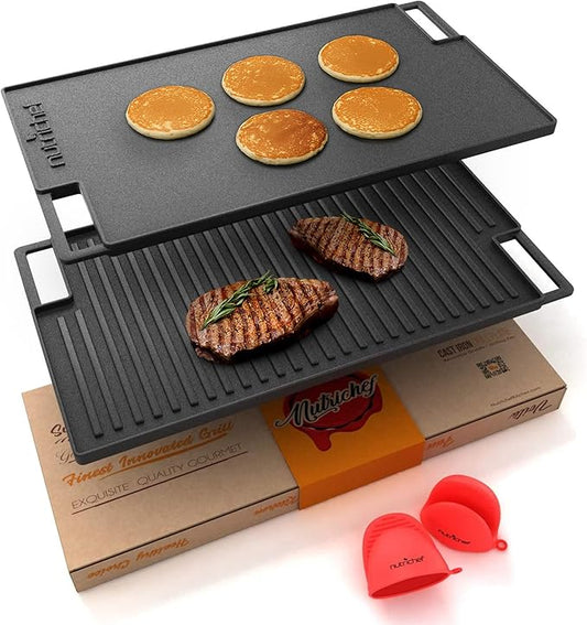 NutriChef Cast Iron Reversible Grill Plate – 18 Inch Flat & Ridged Skillet Griddle Pan, Fits Two Burners, for Gas, Electric, Ceramic Stovetops, with Silicone Oven Mitt