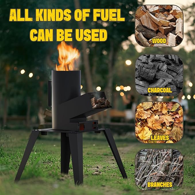 3-in-1 Camp Rocket Stove Kit with BBQ Grate, Griddle, Pot Rack, Portable Wood Burning Stove with Detachable Stand, Camping Gear for Outdoor Cooking Patio Barbecue RV Tailgating, GS345