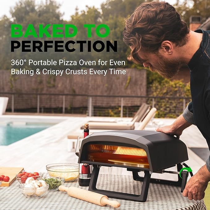 Nutrichef Outdoor Pizza Oven | Cook 12" Pizza in 60 Seconds | Manual 360° Rotating Pizza Stone | Adjustable Heat | Includes Pizza Peel, Pizza Cutter, Stone, Cover, & Hose | Long Handle